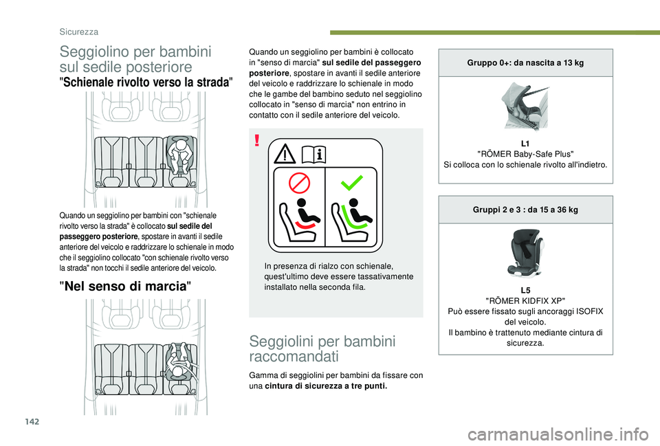 PEUGEOT 5008 2018 Manuale duso (in Italian) 142
Seggiolino per bambini
sul sedile posteriore
"Schienale rivolto verso la strada "
"Nel senso di marcia "
Quando un seggiolino per bambini è collocato
in "senso di marcia" PEUGEOT 5008 2018 Manuale duso (in Italian) 142
Seggiolino per bambini
sul sedile posteriore
"Schienale rivolto verso la strada "
"Nel senso di marcia "
Quando un seggiolino per bambini è collocato
in "senso di marcia"