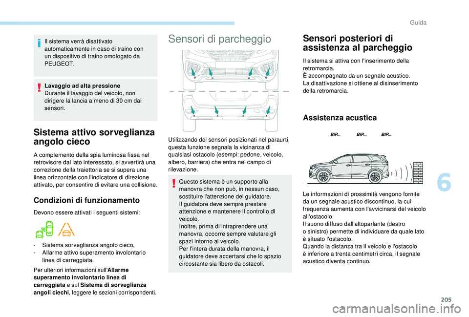 PEUGEOT 5008 2018 Manuale duso (in Italian) 205
Sistema attivo sorveglianza
angolo cieco
A complemento della spia luminosa fissa nel
retrovisore dal lato interessato, si avvertirà una
correzione della traiettoria se si supera una
linea ori PEUGEOT 5008 2018 Manuale duso (in Italian) 205
Sistema attivo sorveglianza
angolo cieco
A complemento della spia luminosa fissa nel
retrovisore dal lato interessato, si avvertirà una
correzione della traiettoria se si supera una
linea ori
