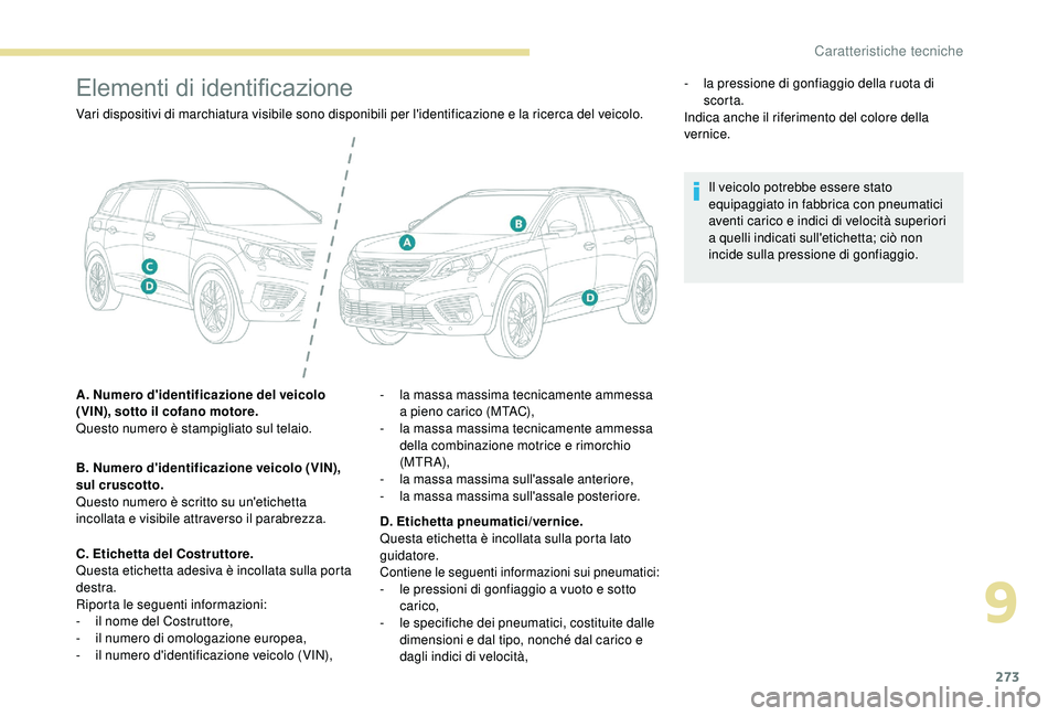PEUGEOT 5008 2018 Manuale duso (in Italian) 273
Elementi di identificazione
Vari dispositivi di marchiatura visibile sono disponibili per l'identificazione e la ricerca del veicolo.
A. Numero d'identificazione del veicolo
(VIN), sotto PEUGEOT 5008 2018 Manuale duso (in Italian) 273
Elementi di identificazione
Vari dispositivi di marchiatura visibile sono disponibili per l'identificazione e la ricerca del veicolo.
A. Numero d'identificazione del veicolo
(VIN), sotto