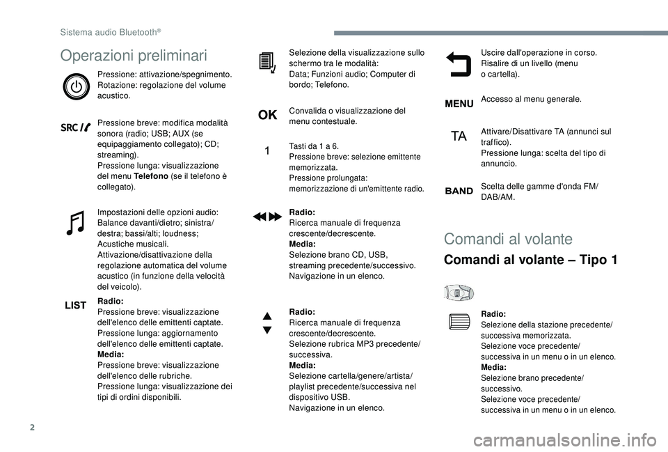 PEUGEOT 5008 2018 Manuale duso (in Italian) 2
Operazioni preliminari
Pressione: attivazione/spegnimento.
Rotazione: regolazione del volume
acustico.
Pressione breve: modifica modalità
sonora (radio; USB; AUX (se
equipaggiamento collegato); PEUGEOT 5008 2018 Manuale duso (in Italian) 2
Operazioni preliminari
Pressione: attivazione/spegnimento.
Rotazione: regolazione del volume
acustico.
Pressione breve: modifica modalità
sonora (radio; USB; AUX (se
equipaggiamento collegato);