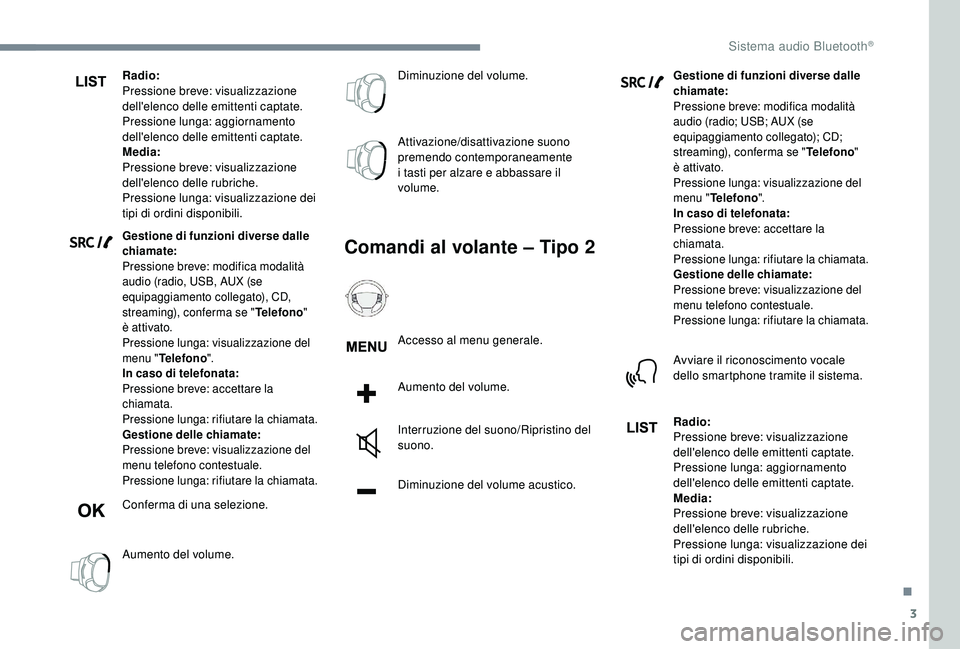 PEUGEOT 5008 2018 Manuale duso (in Italian) 3
Radio:
Pressione breve: visualizzazione
dell'elenco delle emittenti captate.
Pressione lunga: aggiornamento
dell'elenco delle emittenti captate.
Media:
Pressione breve: visualizzazione
de PEUGEOT 5008 2018 Manuale duso (in Italian) 3
Radio:
Pressione breve: visualizzazione
dell'elenco delle emittenti captate.
Pressione lunga: aggiornamento
dell'elenco delle emittenti captate.
Media:
Pressione breve: visualizzazione
de