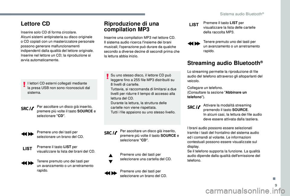 PEUGEOT 5008 2018 Manuale duso (in Italian) 9
Lettore CD
Inserire solo CD di forma circolare.
Alcuni sistemi antipirateria su disco originale
o CD copiati con un masterizzatore personale
possono generare malfunzionamenti
indipendenti dalla PEUGEOT 5008 2018 Manuale duso (in Italian) 9
Lettore CD
Inserire solo CD di forma circolare.
Alcuni sistemi antipirateria su disco originale
o CD copiati con un masterizzatore personale
possono generare malfunzionamenti
indipendenti dalla