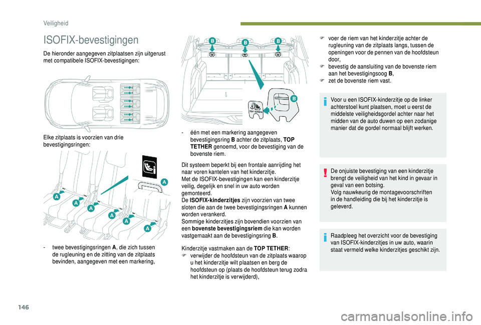 PEUGEOT 5008 2018  Instructieboekje (in Dutch) 146
ISOFIX-bevestigingen
De hieronder aangegeven zitplaatsen zijn uitgerust 
met compatibele ISOFIX-bevestigingen:
Elke zitplaats is voorzien van drie 
bevestigingsringen:Dit systeem beperkt bij een f