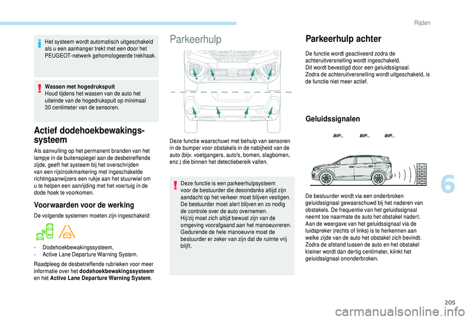 PEUGEOT 5008 2018  Instructieboekje (in Dutch) 205
Actief dodehoekbewakings-
sy
steem
Als aanvulling op het permanent branden van het 
lampje in de buitenspiegel aan de desbetreffende 
zijde, geeft het systeem bij het overschrijden 
van een rijstr
