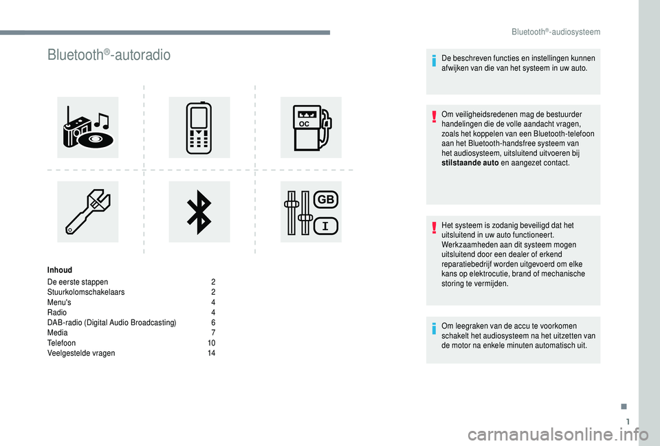 PEUGEOT 5008 2018  Instructieboekje (in Dutch) 1
Bluetooth®-autoradio
Inhoud
De eerste stappen  
2
St

uurkolomschakelaars   
2
M

enu's   
4
R

adio   
4
D

AB-radio (Digital Audio Broadcasting)   
6
M

edia   
7
T

elefoon   
1
 0
Veelgeste