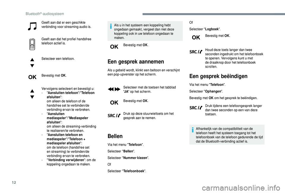 PEUGEOT 5008 2018  Instructieboekje (in Dutch) 12
Geeft aan dat er een geschikte 
verbinding voor streaming audio is.
Geeft aan dat het profiel handsfree 
telefoon actief is.
Selecteer een telefoon.
Bevestig met OK.
Vervolgens selecteert en bevest