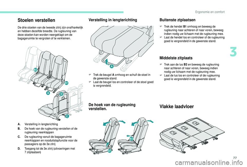 PEUGEOT 5008 2018  Instructieboekje (in Dutch) 77
Stoelen verstellen
De drie stoelen van de tweede zitrij zijn onafhankelijk 
en hebben dezelfde breedte. De rugleuning van 
deze stoelen kan worden neergeklapt om de 
bagageruimte te vergroten of te