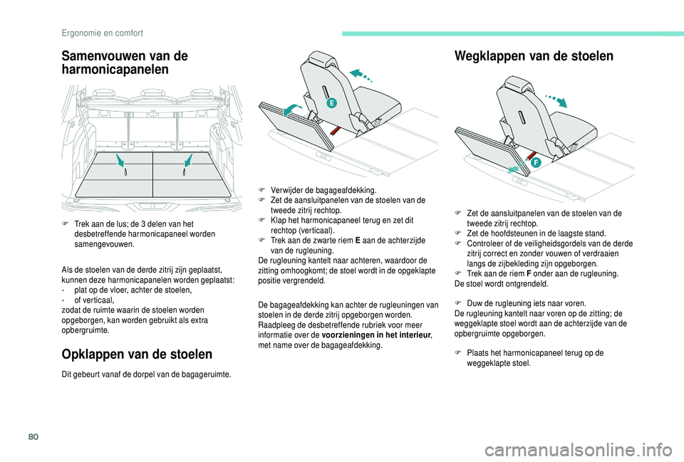 PEUGEOT 5008 2018  Instructieboekje (in Dutch) 80
Samenvouwen van de 
harmonicapanelen
Als de stoelen van de derde zitrij zijn geplaatst, 
kunnen deze harmonicapanelen worden geplaatst:
- 
p
 lat op de vloer, achter de stoelen,
-
 
o
 f verticaal,