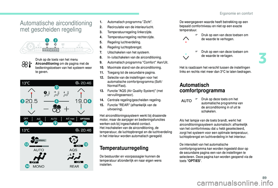 PEUGEOT 5008 2018  Instructieboekje (in Dutch) 89
Automatische airconditioning 
met gescheiden regeling
Druk op de toets van het menu 
Airconditioning om de pagina met de 
bedieningstoetsen van het systeem weer 
te geven. 1.
Automatisch programma 