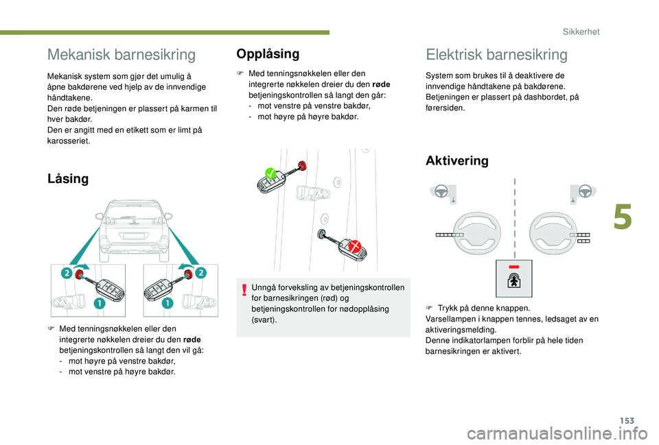 PEUGEOT 5008 2018  Instruksjoner for bruk (in Norwegian) 153
Mekanisk barnesikring
Mekanisk system som gjør det umulig å 
åpne bakdørene ved hjelp av de innvendige 
håndtakene.
Den røde betjeningen er plassert på karmen til 
hver bakdør.
Den er angi