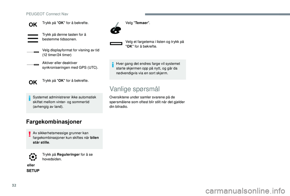 PEUGEOT 5008 2018  Instruksjoner for bruk (in Norwegian) 32
Trykk på "OK" for å bekrefte.
Trykk på denne tasten for å 
bestemme tidssonen.
Velg displayformat for visning av tid 
(12
  timer/24   timer)
Aktiver eller deaktiver 
synkroniseringen m