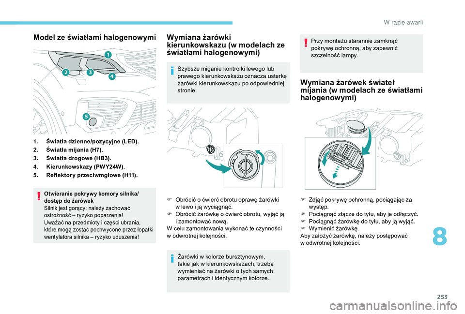PEUGEOT 5008 2018  Instrukcja obsługi (in Polish) 253
Model ze światłami halogenowymi
1.Światła dzienne/pozycyjne (LED).
2. Światła mijania (H7).
3. Światła drogowe (HB3).
4. Kierunkowskazy (PW Y24W).
5. Reflektor y przeciwmgłowe (H11).
Otwi