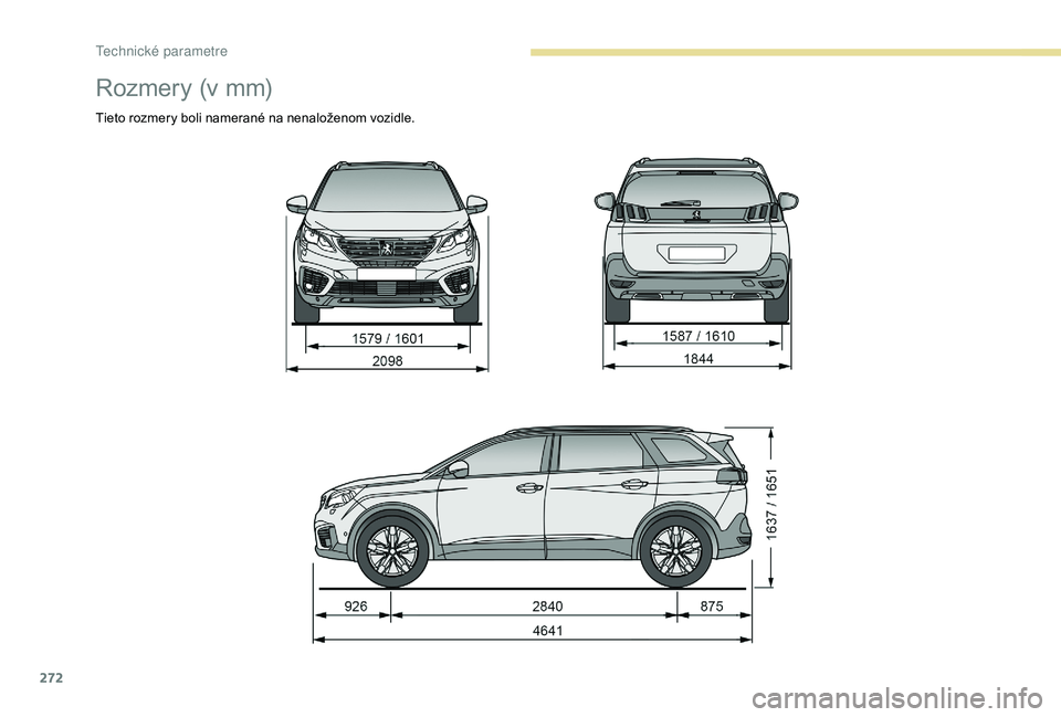 PEUGEOT 5008 2018  Návod na použitie (in Slovakian) 272
Rozmery (v mm)
Tieto rozmery boli namerané na nenaloženom vozidle. 
T  