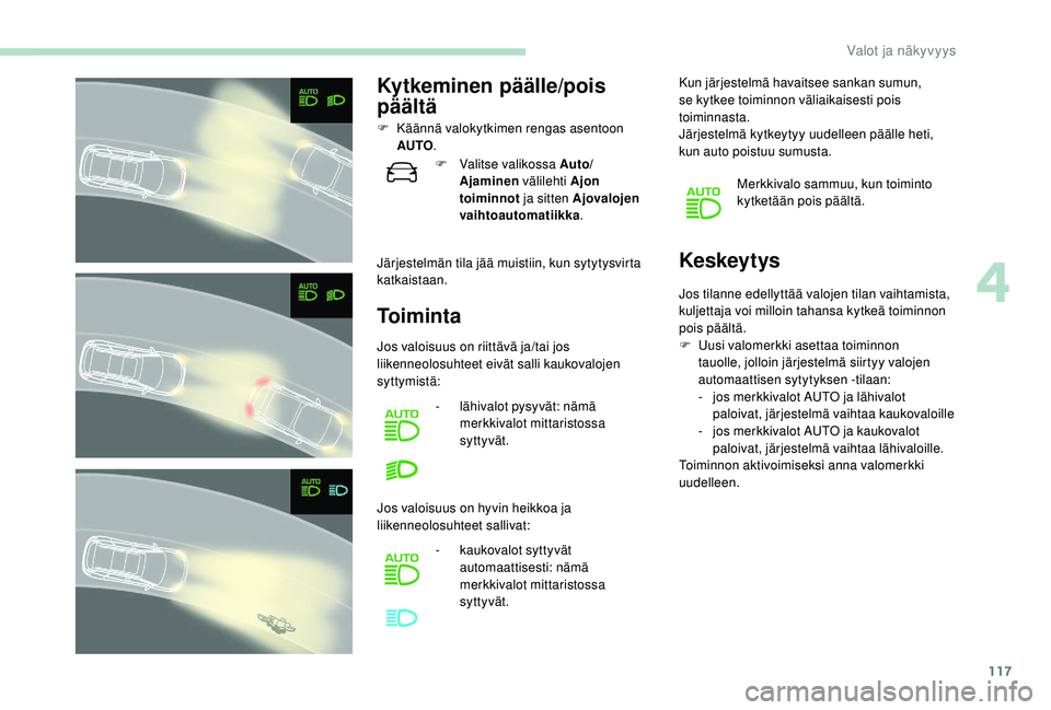 PEUGEOT 5008 2018  Omistajan Käsikirja (in Finnish) 117
Kytkeminen päälle/pois 
päältä
F Käännä valokytkimen rengas asentoon AUTO .
Järjestelmän tila jää muistiin, kun sytytysvirta 
katkaistaan.
To i m i n t a Keskeytys
F Valitse valikossa 