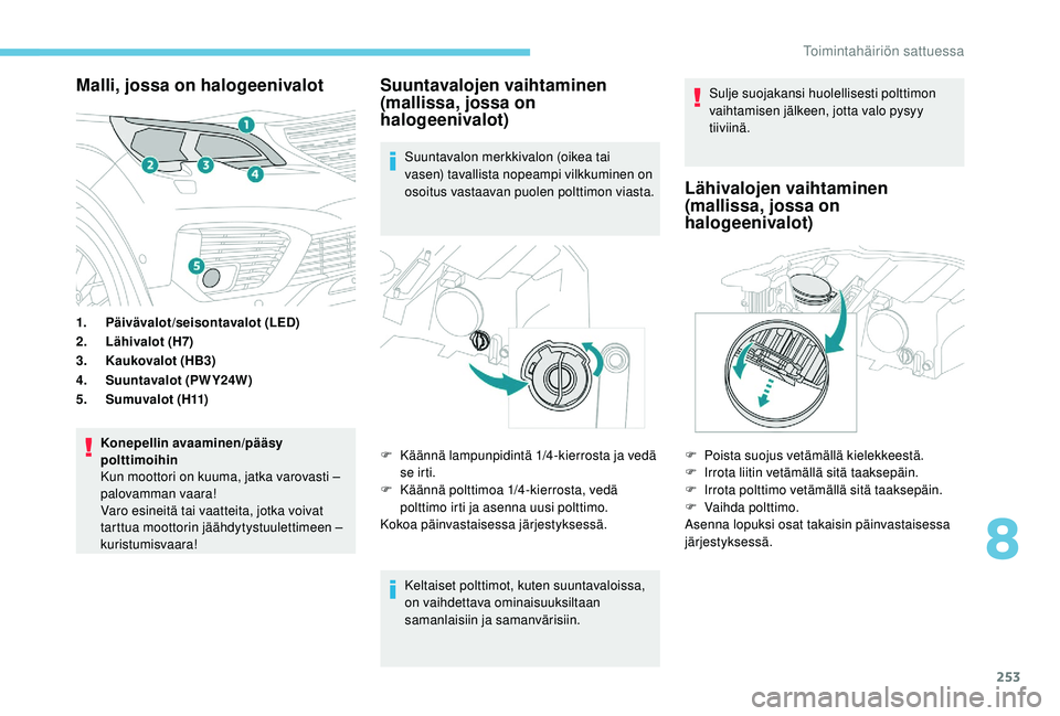 PEUGEOT 5008 2018  Omistajan Käsikirja (in Finnish) 253
Malli, jossa on halogeenivalot
1.Päivävalot/seisontavalot (LED)
2. Lähivalot (H7)
3. Kaukovalot (HB3)
4. Suuntavalot (PWY24W)
5. Sumuvalot (H11)
Konepellin avaaminen/pääsy 
polttimoihin
Kun m