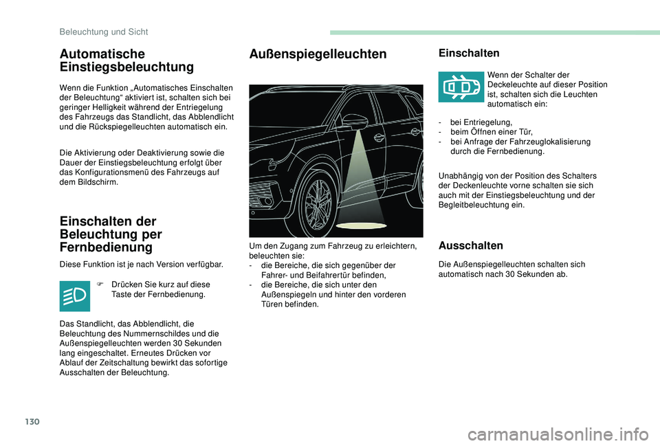 PEUGEOT 5008 2017 Betriebsanleitungen (in German) 130
Automatische
Einstiegsbeleuchtung
Wenn die Funktion „ Automatisches Einschalten
der Beleuchtung“ aktiviert ist, schalten sich bei
geringer Helligkeit während der Entriegelung
des Fahrzeug PEUGEOT 5008 2017 Betriebsanleitungen (in German) 130
Automatische
Einstiegsbeleuchtung
Wenn die Funktion „ Automatisches Einschalten
der Beleuchtung“ aktiviert ist, schalten sich bei
geringer Helligkeit während der Entriegelung
des Fahrzeug