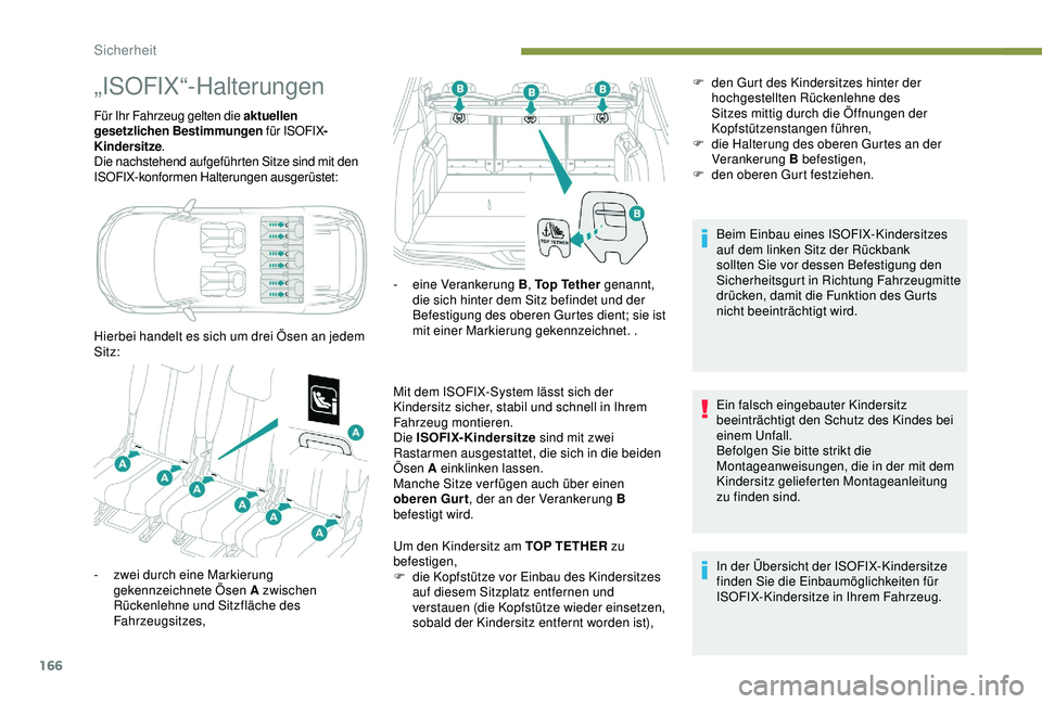 PEUGEOT 5008 2017 Betriebsanleitungen (in German) 166
„ISOFIX“-Halterungen
Für Ihr Fahrzeug gelten die aktuellen
gesetzlichen Bestimmungen für ISOFIX -
Kindersitze .
Die nachstehend aufgeführten Sitze sind mit den
ISOFIX-konformen Halterunge PEUGEOT 5008 2017 Betriebsanleitungen (in German) 166
„ISOFIX“-Halterungen
Für Ihr Fahrzeug gelten die aktuellen
gesetzlichen Bestimmungen für ISOFIX -
Kindersitze .
Die nachstehend aufgeführten Sitze sind mit den
ISOFIX-konformen Halterunge