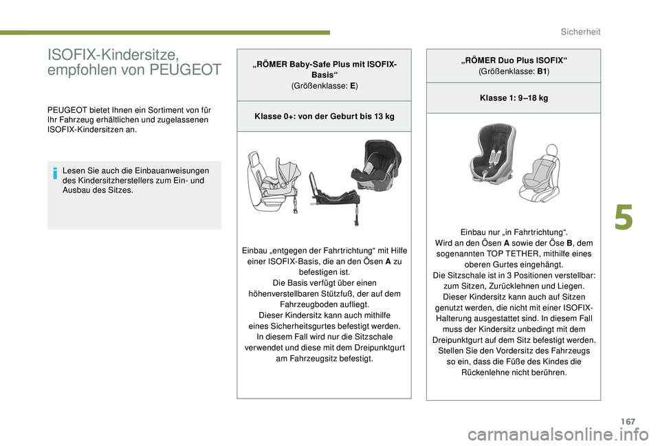 PEUGEOT 5008 2017 Betriebsanleitungen (in German) 167
ISOFIX-Kindersitze,
empfohlen von PEUGEOT
PEUGEOT bietet Ihnen ein Sortiment von für
Ihr Fahrzeug erhältlichen und zugelassenen
ISOFIX-Kindersitzen an.Lesen Sie auch die Einbauanweisungen
de PEUGEOT 5008 2017 Betriebsanleitungen (in German) 167
ISOFIX-Kindersitze,
empfohlen von PEUGEOT
PEUGEOT bietet Ihnen ein Sortiment von für
Ihr Fahrzeug erhältlichen und zugelassenen
ISOFIX-Kindersitzen an.Lesen Sie auch die Einbauanweisungen
de