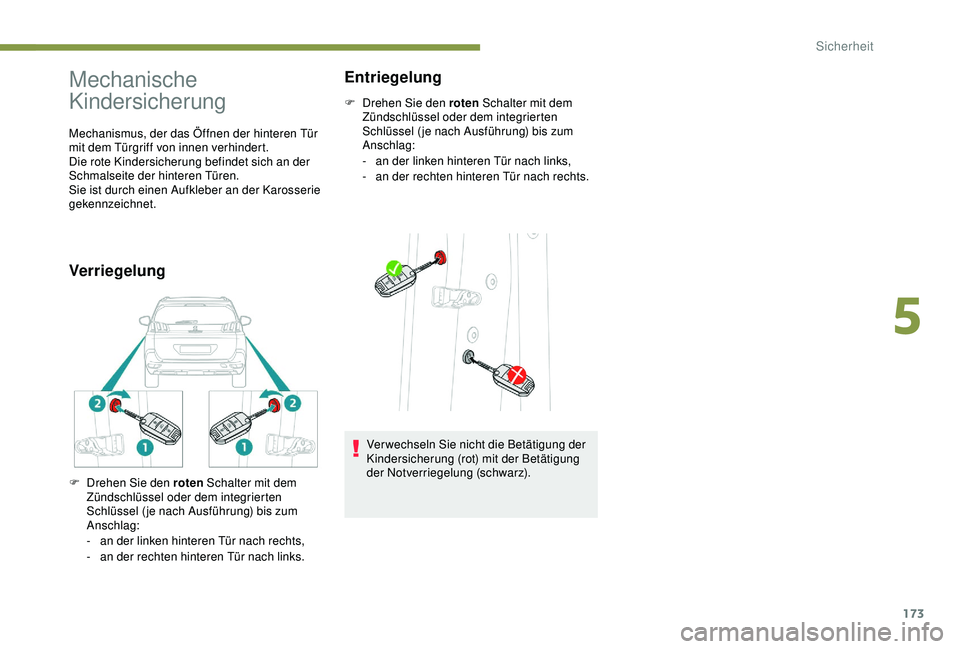 PEUGEOT 5008 2017  Betriebsanleitungen (in German) 173
Mechanische 
Kindersicherung
Mechanismus, der das Öffnen der hinteren Tür 
mit dem Türgriff von innen verhindert.
Die rote Kindersicherung befindet sich an der 
Schmalseite der hinteren Türen.