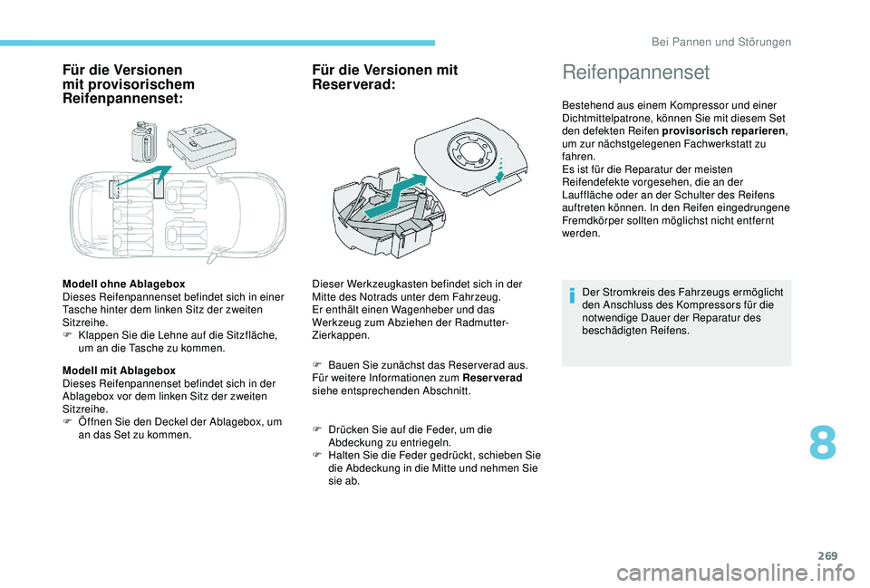 PEUGEOT 5008 2017 Betriebsanleitungen (in German) 269
Für die Versionen
mit provisorischem
Reifenpannenset:
Modell ohne Ablagebox
Dieses Reifenpannenset befindet sich in einer
Tasche hinter dem linken Sitz der zweiten
Sitzreihe.
F
K
lappen Sie PEUGEOT 5008 2017 Betriebsanleitungen (in German) 269
Für die Versionen
mit provisorischem
Reifenpannenset:
Modell ohne Ablagebox
Dieses Reifenpannenset befindet sich in einer
Tasche hinter dem linken Sitz der zweiten
Sitzreihe.
F
K
lappen Sie