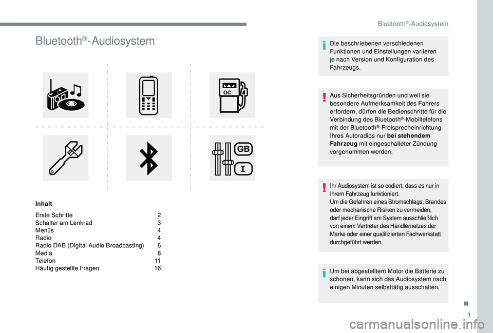 PEUGEOT 5008 2017 Betriebsanleitungen (in German) 1
Bluetooth®-Audiosystem
Inhalt
Erste Schritte
2
S
chalter am Lenkrad
3
M
enüs
4
R
adio
4
R
adio DAB (Digital Audio Broadcasting)
6
M
edia
8
T
elefon
1
1
Häufig gestellte PEUGEOT 5008 2017 Betriebsanleitungen (in German) 1
Bluetooth®-Audiosystem
Inhalt
Erste Schritte
2
S
chalter am Lenkrad
3
M
enüs
4
R
adio
4
R
adio DAB (Digital Audio Broadcasting)
6
M
edia
8
T
elefon
1
1
Häufig gestellte