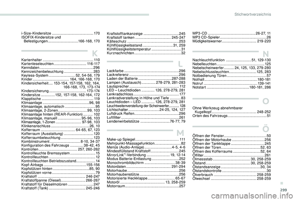 PEUGEOT 5008 2017 Betriebsanleitungen (in German) 299
Kartenhalter .................................................. 11 0
Kartenleseleuchten ................................ 11
6 -117
Kenndaten
..................................................... PEUGEOT 5008 2017 Betriebsanleitungen (in German) 299
Kartenhalter .................................................. 11 0
Kartenleseleuchten ................................ 11
6 -117
Kenndaten
.....................................................
