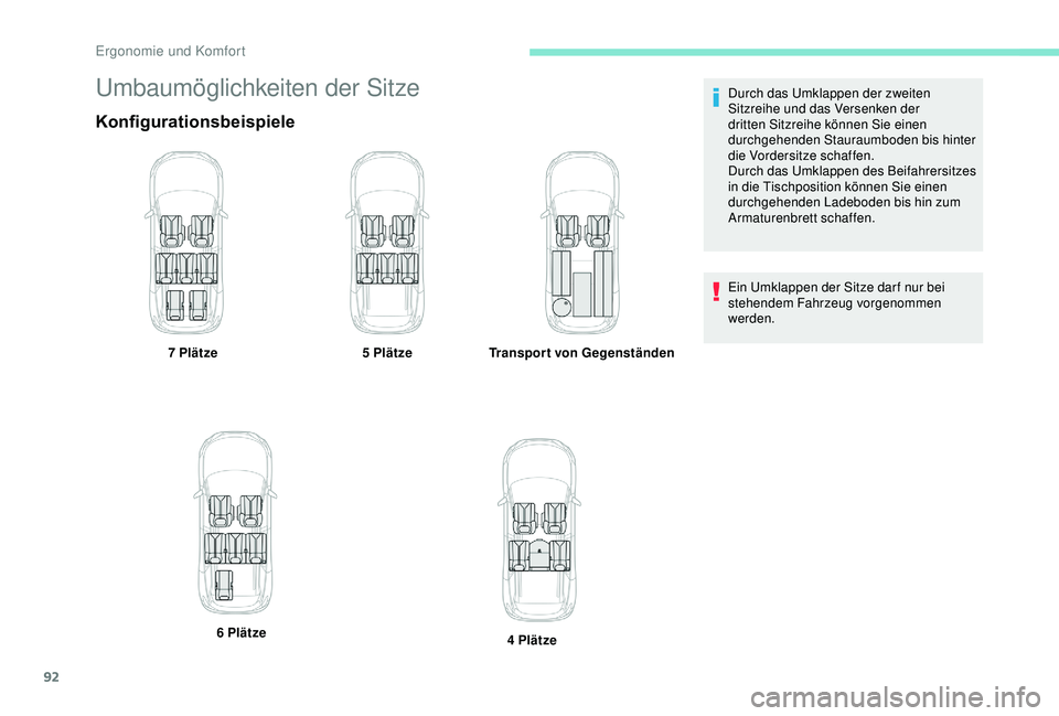 PEUGEOT 5008 2017  Betriebsanleitungen (in German) 92
Umbaumöglichkeiten der Sitze
Konfigurationsbeispiele
7 Plätze5   PlätzeTransport von Gegenständen
6   Plätze 4
  PlätzeDurch das Umklappen der zweiten 
Sitzreihe und das Versenken der 
dritte