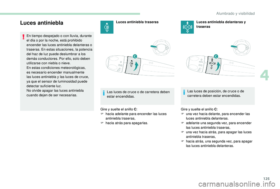 PEUGEOT 5008 2017  Manual del propietario (in Spanish) 125
Luces antiniebla
En tiempo despejado o con lluvia, durante 
el día o por la noche, está prohibido 
encender las luces antiniebla delanteras o 
traseras. En estas situaciones, la potencia 
del ha