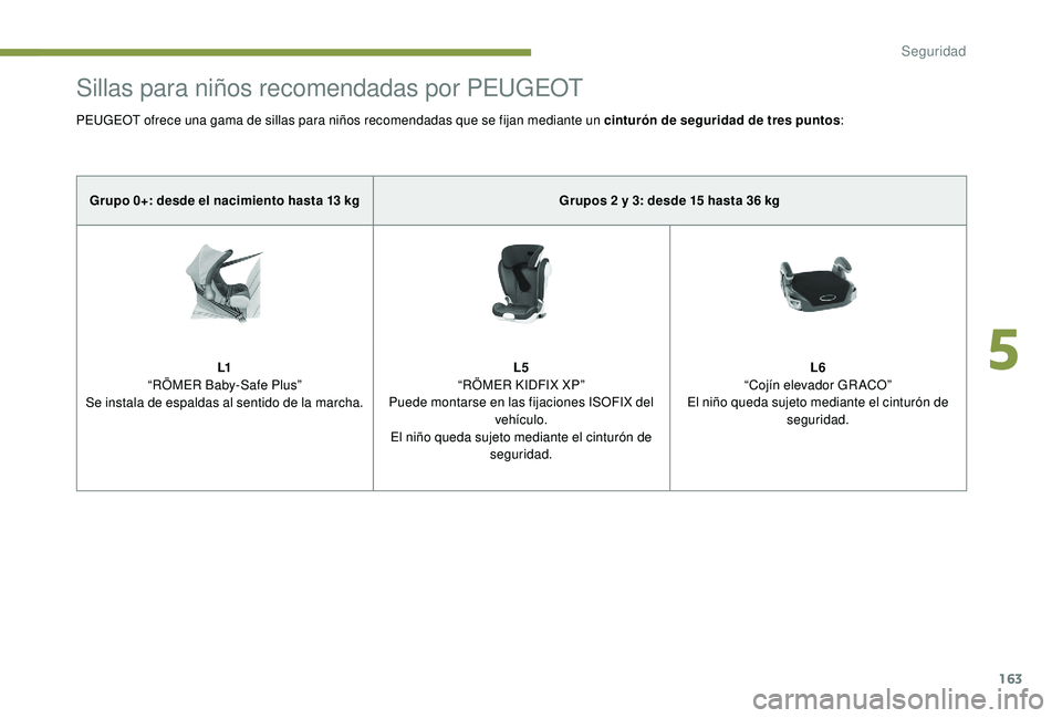 PEUGEOT 5008 2017  Manual del propietario (in Spanish) 163
Sillas para niños recomendadas por PEUGEOT
PEUGEOT ofrece una gama de sillas para niños recomendadas que se fijan mediante un cinturón de seguridad de tres puntos:
Grupo 0+: desde el nacimiento