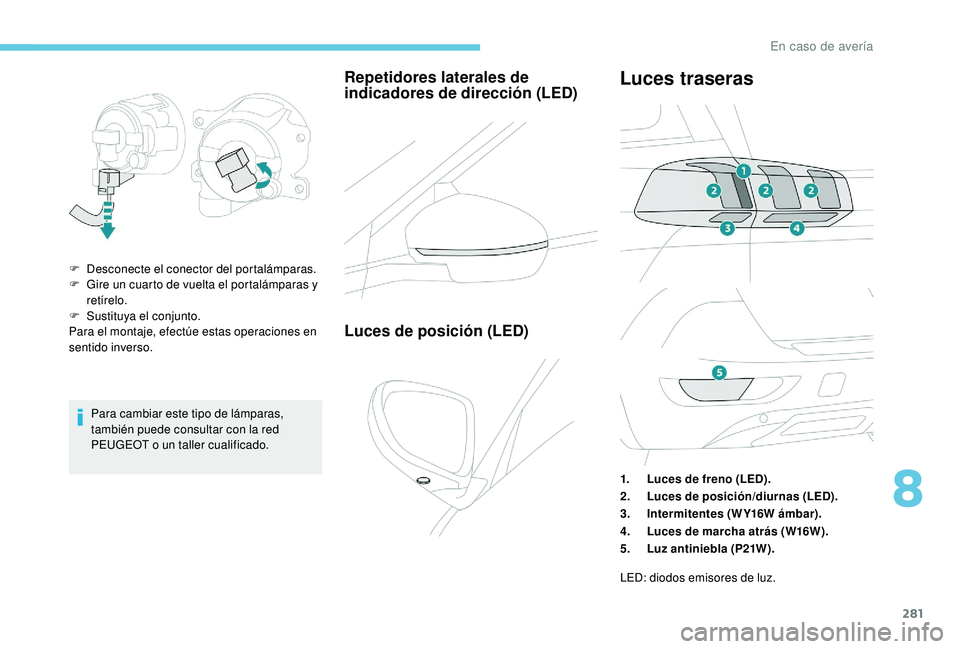 PEUGEOT 5008 2017  Manual del propietario (in Spanish) 281
Para cambiar este tipo de lámparas, 
también puede consultar con la red 
PEUGEOT o un taller cualificado.
Repetidores laterales de 
indicadores de dirección (LED)
F Desconecte el conector del p