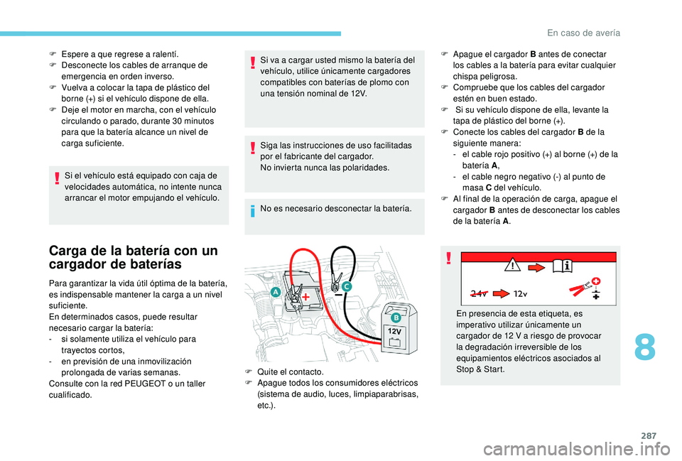 PEUGEOT 5008 2017  Manual del propietario (in Spanish) 287
F Espere a que regrese a ralentí.
F D esconecte los cables de arranque de 
emergencia en orden inverso.
F
 
V
 uelva a colocar la tapa de plástico del 
borne (+) si el vehículo dispone de ella.