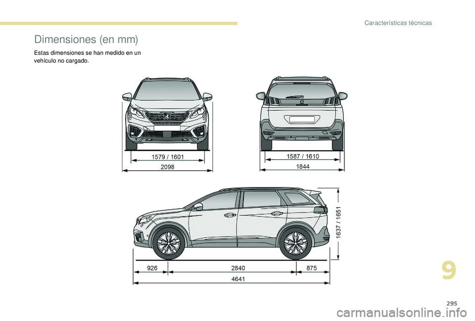 PEUGEOT 5008 2017  Manual del propietario (in Spanish) 295
Dimensiones (en mm)
Estas dimensiones se han medido en un 
vehículo no cargado.
9 
Características técnicas  