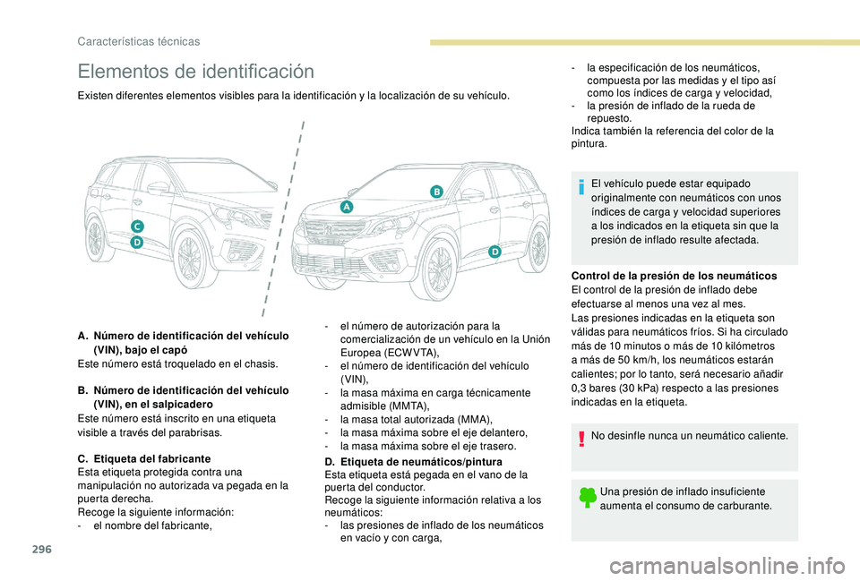 PEUGEOT 5008 2017  Manual del propietario (in Spanish) 296
Elementos de identificación
Control de la presión de los neumáticos
El control de la presión de inflado debe 
efectuarse al menos una vez al mes.
Las presiones indicadas en la etiqueta son 
v