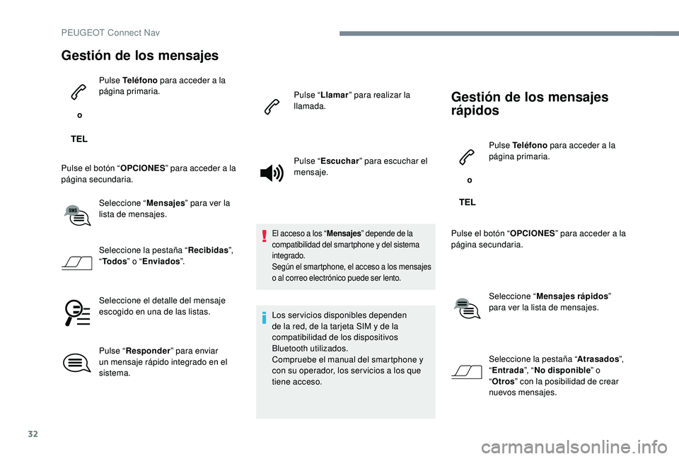 PEUGEOT 5008 2017  Manual del propietario (in Spanish) 32
Gestión de los mensajes
 o Pulse Teléfono
 para acceder a la 
página primaria.
Pulse el botón “ OPCIONES” para acceder a la 
página secundaria.
Seleccione “ Mensajes” para ver la 
list