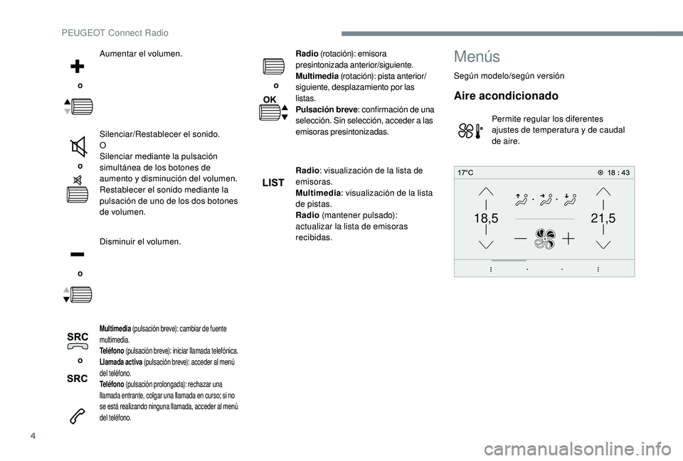 PEUGEOT 5008 2017  Manual del propietario (in Spanish) 4
21,518,5
 o Aumentar el volumen.
 o  Silenciar/Restablecer el sonido.
O
Silenciar mediante la pulsación 
simultánea de los botones de 
aumento y disminución del volumen.
Restablecer el sonido med