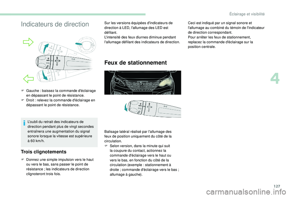 PEUGEOT 5008 2017 Manuel du propriétaire (in French) 127
Indicateurs de direction
L'oubli du retrait des indicateurs de
direction pendant plus de vingt secondes
entraînera une augmentation du signal
sonore lorsque la vitesse est supérieure
à PEUGEOT 5008 2017 Manuel du propriétaire (in French) 127
Indicateurs de direction
L'oubli du retrait des indicateurs de
direction pendant plus de vingt secondes
entraînera une augmentation du signal
sonore lorsque la vitesse est supérieure
à