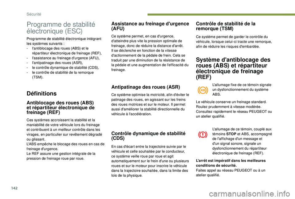 PEUGEOT 5008 2017 Manuel du propriétaire (in French) 142
Programme de stabilité
électronique (ESC)
Programme de stabilité électronique intégrant
les systèmes suivants :
-
l
'antiblocage des roues (ABS) et le
répartiteur électronique d PEUGEOT 5008 2017 Manuel du propriétaire (in French) 142
Programme de stabilité
électronique (ESC)
Programme de stabilité électronique intégrant
les systèmes suivants :
-
l
'antiblocage des roues (ABS) et le
répartiteur électronique d