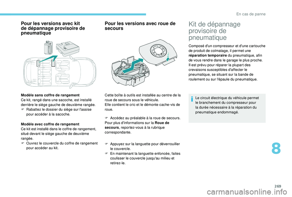PEUGEOT 5008 2017 Manuel du propriétaire (in French) 269
Pour les versions avec kit
de dépannage provisoire de
pneumatique
Modèle sans coffre de rangement
Ce kit, rangé dans une sacoche, est installé
derrière le siège gauche de deuxième rangé PEUGEOT 5008 2017 Manuel du propriétaire (in French) 269
Pour les versions avec kit
de dépannage provisoire de
pneumatique
Modèle sans coffre de rangement
Ce kit, rangé dans une sacoche, est installé
derrière le siège gauche de deuxième rangé