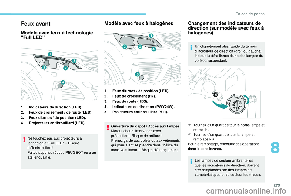 PEUGEOT 5008 2017 Manuel du propriétaire (in French) 279
Feux avant
Modèle avec feux à technologie
"Full LED"
1.Indicateurs de direction (LED).
2. Feux de croisement / de route (LED).
3. Feux diurnes / de position (LED).
4. Projecteurs antibr PEUGEOT 5008 2017 Manuel du propriétaire (in French) 279
Feux avant
Modèle avec feux à technologie
"Full LED"
1.Indicateurs de direction (LED).
2. Feux de croisement / de route (LED).
3. Feux diurnes / de position (LED).
4. Projecteurs antibr