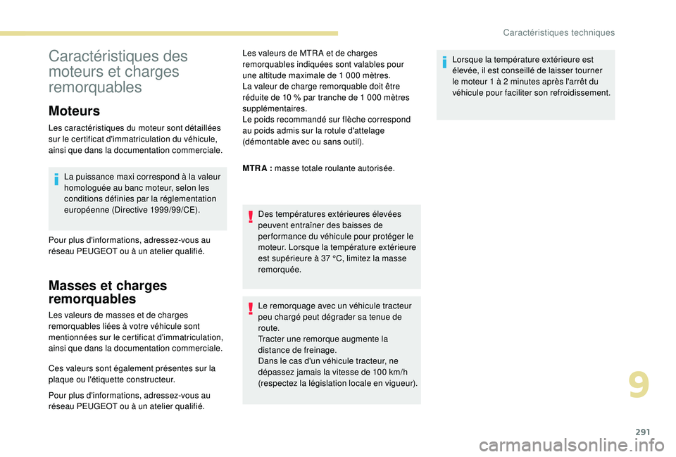 PEUGEOT 5008 2017 Manuel du propriétaire (in French) 291
Caractéristiques des
moteurs et charges
remorquables
Moteurs
Les caractéristiques du moteur sont détaillées
sur le certificat d'immatriculation du véhicule,
ainsi que dans la document PEUGEOT 5008 2017 Manuel du propriétaire (in French) 291
Caractéristiques des
moteurs et charges
remorquables
Moteurs
Les caractéristiques du moteur sont détaillées
sur le certificat d'immatriculation du véhicule,
ainsi que dans la document