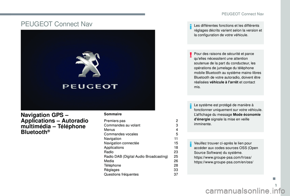 PEUGEOT 5008 2017 Manuel du propriétaire (in French) 1
PEUGEOT Connect Nav
Navigation GPS –
Applications – Autoradio
multimédia – Téléphone
Bluetooth
®
Sommaire
Premiers pas
2
C
ommandes au volant
3
M
enus
4
C
ommandes vocales PEUGEOT 5008 2017 Manuel du propriétaire (in French) 1
PEUGEOT Connect Nav
Navigation GPS –
Applications – Autoradio
multimédia – Téléphone
Bluetooth
®
Sommaire
Premiers pas
2
C
ommandes au volant
3
M
enus
4
C
ommandes vocales