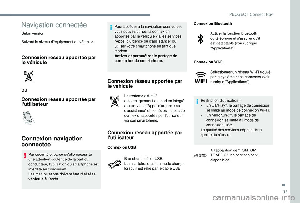 PEUGEOT 5008 2017 Manuel du propriétaire (in French) 15
Navigation connectée
Selon version
Suivant le niveau d'équipement du véhicule
Connexion réseau apportée par
le véhicule
OU
Connexion réseau apportée par
l'utilisateur
Connexion na PEUGEOT 5008 2017 Manuel du propriétaire (in French) 15
Navigation connectée
Selon version
Suivant le niveau d'équipement du véhicule
Connexion réseau apportée par
le véhicule
OU
Connexion réseau apportée par
l'utilisateur
Connexion na