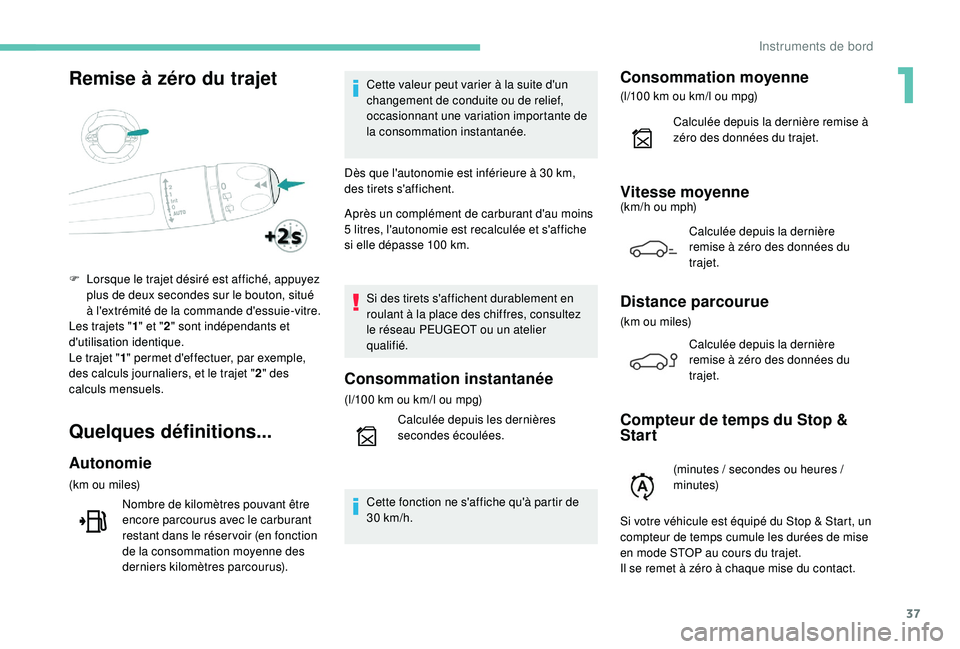 PEUGEOT 5008 2017 Manuel du propriétaire (in French) 37
Remise à zéro du trajet
Quelques définitions...
Autonomie
(km ou miles)Nombre de kilomètres pouvant être
encore parcourus avec le carburant
restant dans le réser voir (en fonction
de la co PEUGEOT 5008 2017 Manuel du propriétaire (in French) 37
Remise à zéro du trajet
Quelques définitions...
Autonomie
(km ou miles)Nombre de kilomètres pouvant être
encore parcourus avec le carburant
restant dans le réser voir (en fonction
de la co