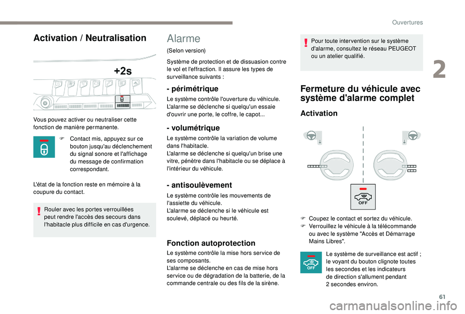 PEUGEOT 5008 2017 Manuel du propriétaire (in French) 61
Activation / Neutralisation
Vous pouvez activer ou neutraliser cette
fonction de manière permanente.F
C
ontact mis, appuyez sur ce
bouton jusqu'au déclenchement
du signal sonore et l PEUGEOT 5008 2017 Manuel du propriétaire (in French) 61
Activation / Neutralisation
Vous pouvez activer ou neutraliser cette
fonction de manière permanente.F
C
ontact mis, appuyez sur ce
bouton jusqu'au déclenchement
du signal sonore et l