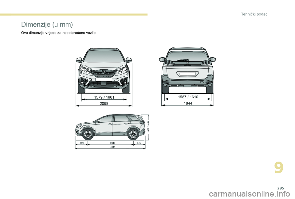 PEUGEOT 5008 2017  Upute Za Rukovanje (in Croatian) 295
Dimenzije (u mm)
Ove dimenzije vrijede za neopterećeno vozilo.
9 
Tehnički podaci  