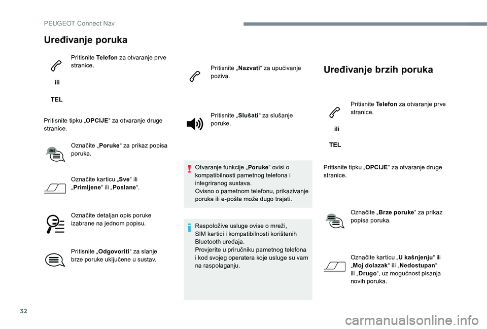 PEUGEOT 5008 2017  Upute Za Rukovanje (in Croatian) 32
Uređivanje poruka
 iliPritisnite 
Telefon za otvaranje pr ve 
stranice.
Pritisnite tipku „ OPCIJE“ za otvaranje druge 
stranice.
Označite „ Poruke“ za prikaz popisa 
poruka.
Označite kar