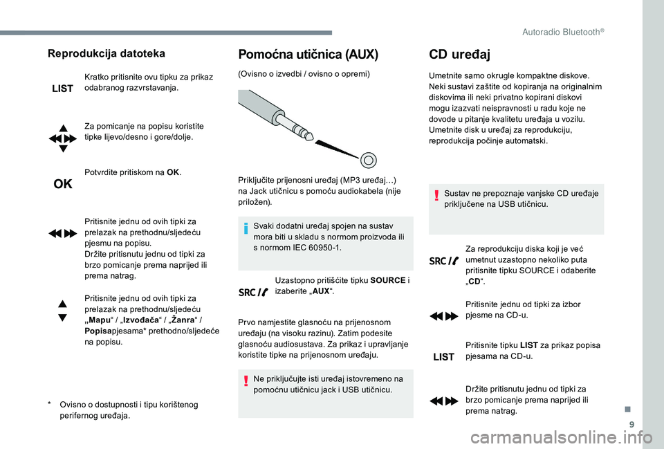 PEUGEOT 5008 2017  Upute Za Rukovanje (in Croatian) 9
Reprodukcija datoteka
Kratko pritisnite ovu tipku za prikaz 
odabranog razvrstavanja.
Za pomicanje na popisu koristite 
tipke lijevo/desno i gore/dolje.
Potvrdite pritiskom na OK.
Pritisnite jednu o