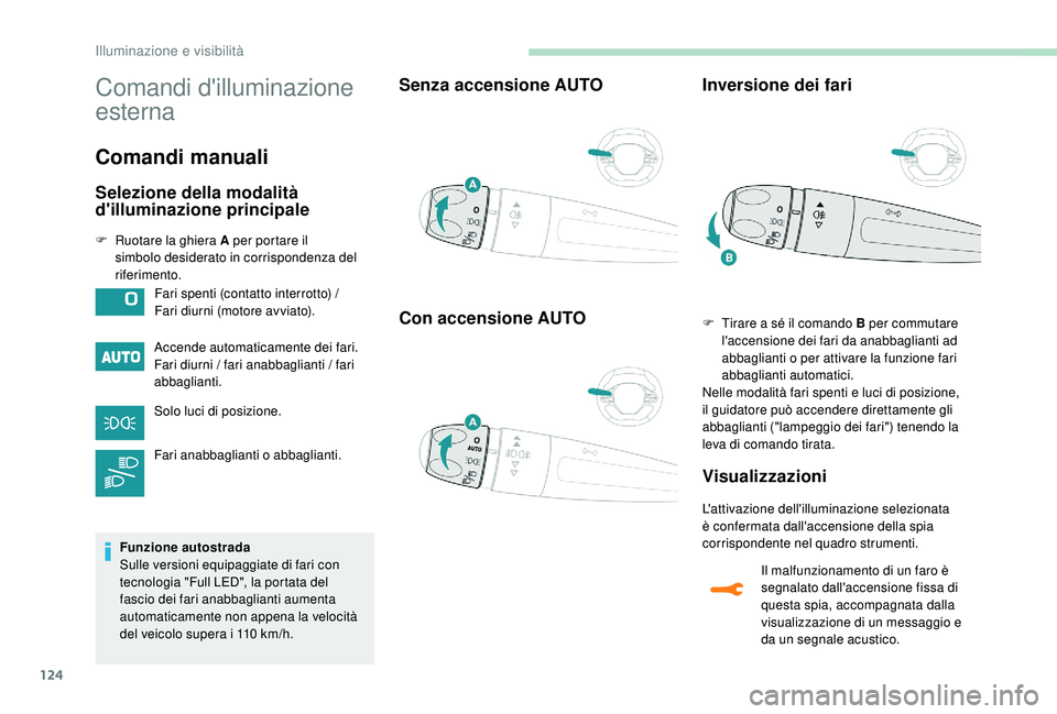 PEUGEOT 5008 2017 Manuale duso (in Italian) 124
Comandi d'illuminazione
esterna
Comandi manuali
Selezione della modalità
d'illuminazione principale
F Ruotare la ghiera A per portare il simbolo desiderato in corrispondenza del
riferi PEUGEOT 5008 2017 Manuale duso (in Italian) 124
Comandi d'illuminazione
esterna
Comandi manuali
Selezione della modalità
d'illuminazione principale
F Ruotare la ghiera A per portare il simbolo desiderato in corrispondenza del
riferi