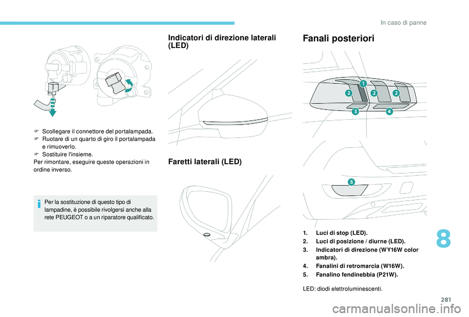 PEUGEOT 5008 2017  Manuale duso (in Italian) 281
Per la sostituzione di questo tipo di 
lampadine, è possibile rivolgersi anche alla 
rete PEUGEOT o a un riparatore qualificato.
Indicatori di direzione laterali 
(LED)
F Scollegare il connettore
