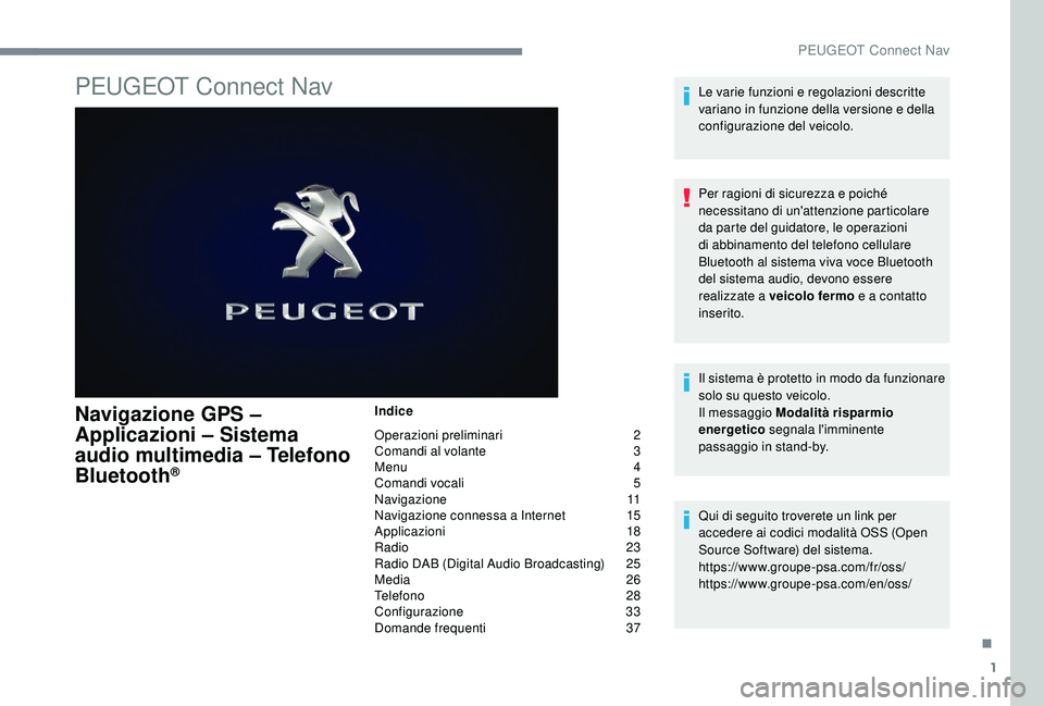 PEUGEOT 5008 2017 Manuale duso (in Italian) 1
PEUGEOT Connect Nav
Navigazione GPS –
Applicazioni – Sistema
audio multimedia – Telefono
Bluetooth
®
Indice
Operazioni preliminari
2
C
omandi al volante
3
M
enu
4
C
omandi vocal PEUGEOT 5008 2017 Manuale duso (in Italian) 1
PEUGEOT Connect Nav
Navigazione GPS –
Applicazioni – Sistema
audio multimedia – Telefono
Bluetooth
®
Indice
Operazioni preliminari
2
C
omandi al volante
3
M
enu
4
C
omandi vocal